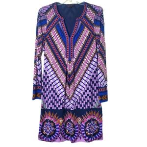 Hale Bob Women's Blue & Pink Long Sleeve Split Neck Jersey Dress